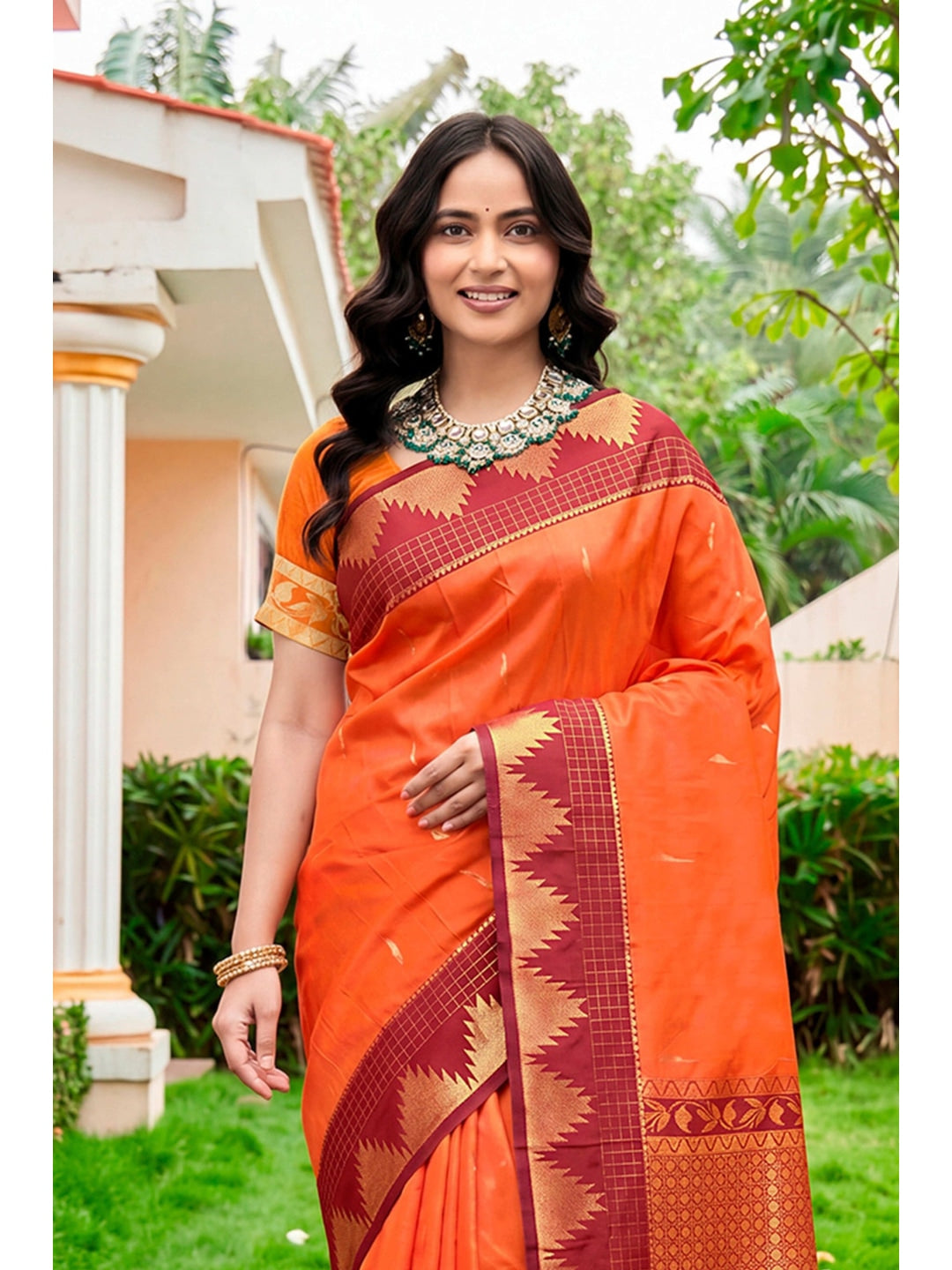 Peachmode Orange Silk Blend Lichi Saree - Image 3