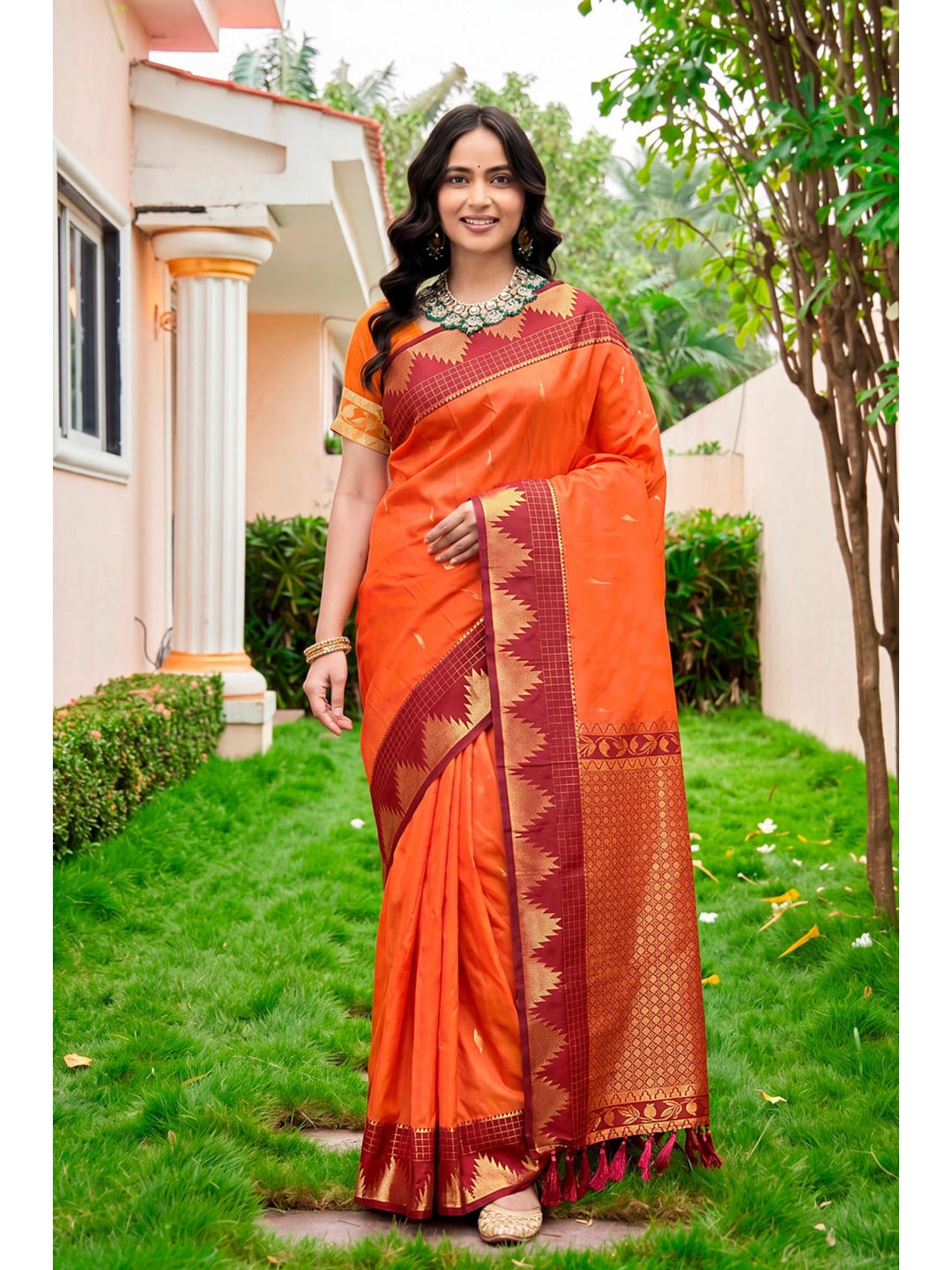 Peachmode Orange Silk Blend Lichi Saree - Image 1