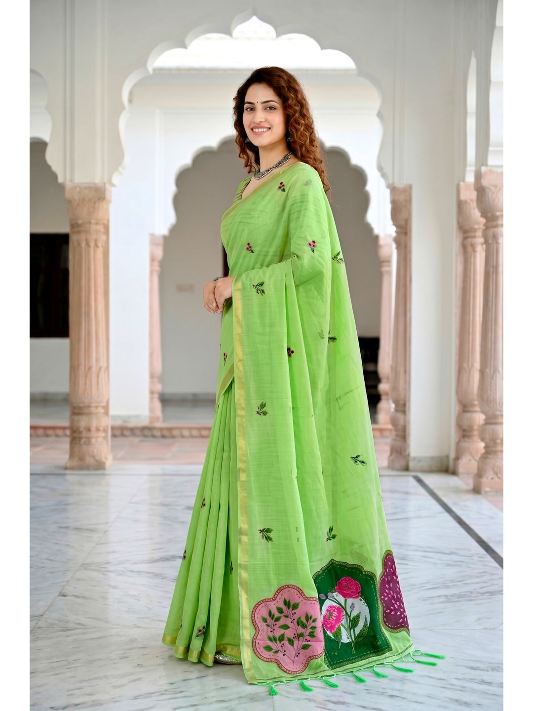 Peachmode Green Cotton Blend Mridula Saree - Image 3