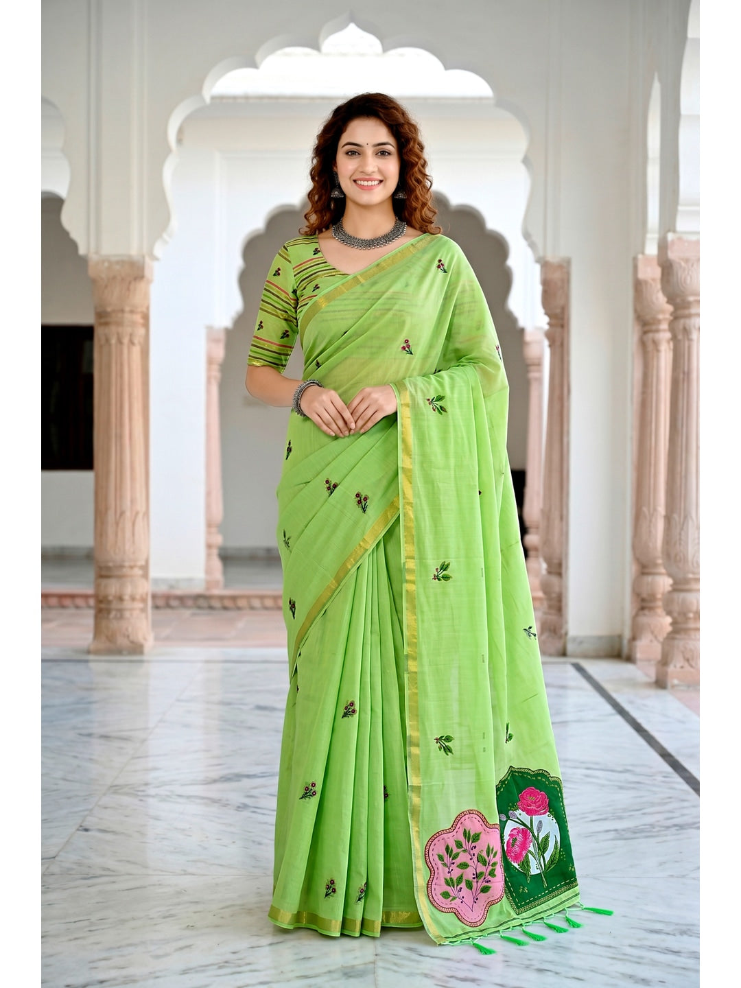 Peachmode Green Cotton Blend Mridula Saree - Image 1