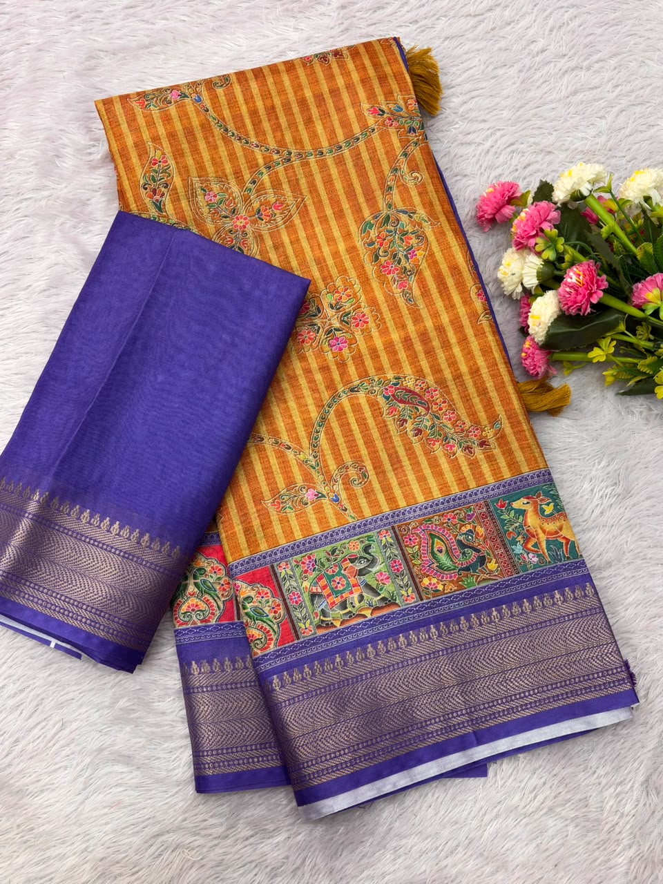 Peachmode Mustard Dola Silk Position Digital Print Saree - Image 5
