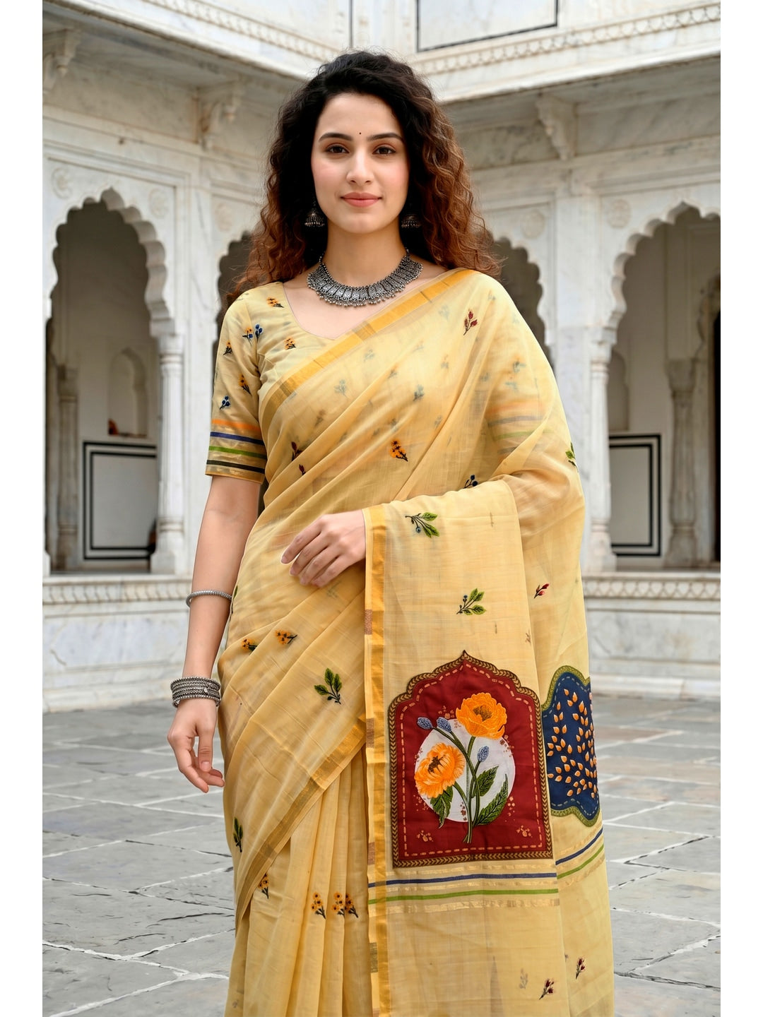 Peachmode Yellow Cotton Blend Mridula Saree - Image 2