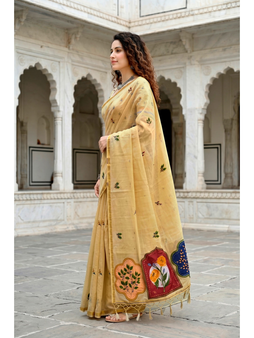 Peachmode Yellow Cotton Blend Mridula Saree - Image 3