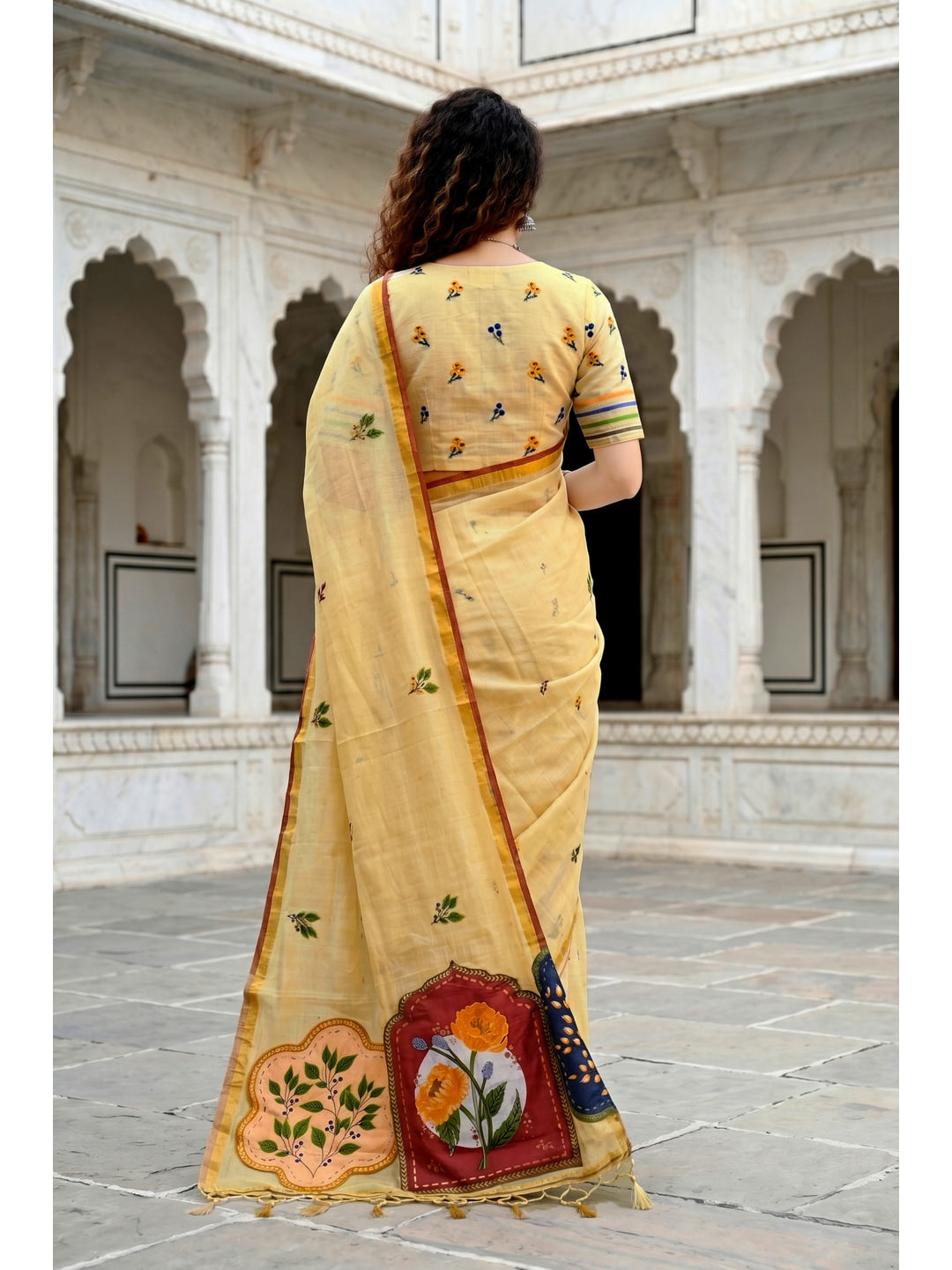 Peachmode Yellow Cotton Blend Mridula Saree - Image 4