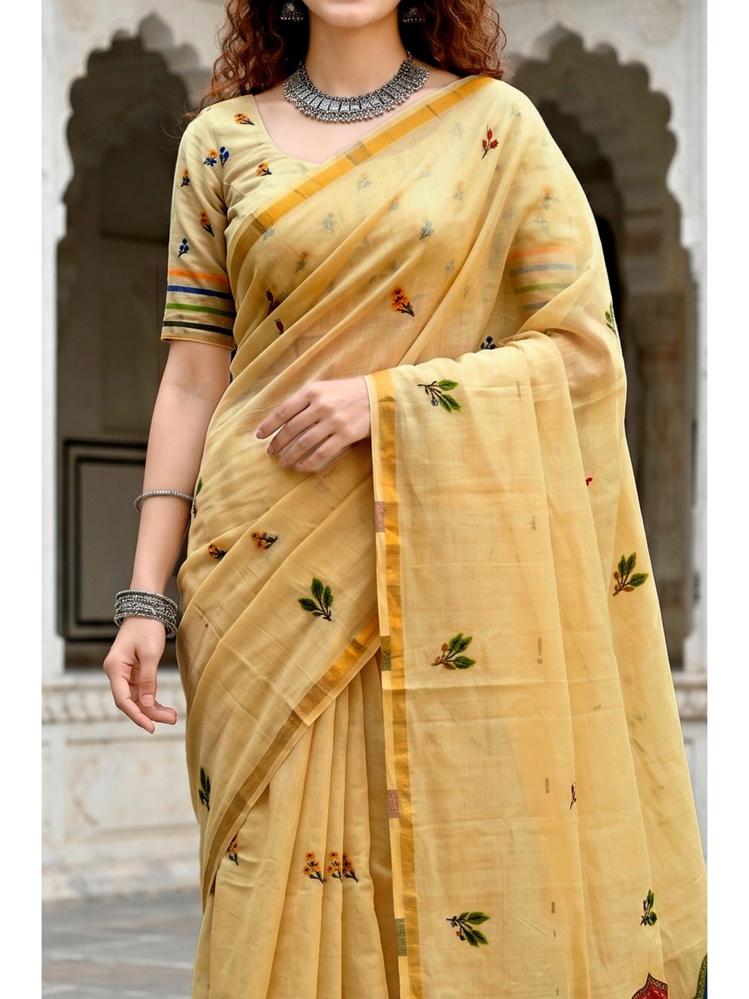 Peachmode Yellow Cotton Blend Mridula Saree - Image 5