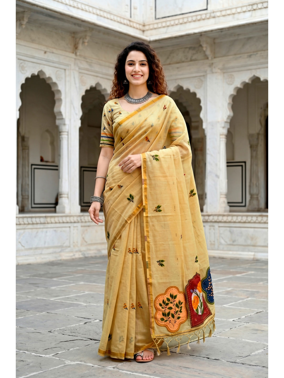 Peachmode Yellow Cotton Blend Mridula Saree - Image 1