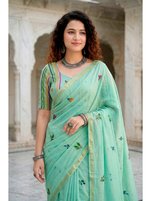 Peachmode Aqua Green Cotton Blend Mridula Saree - Image 2