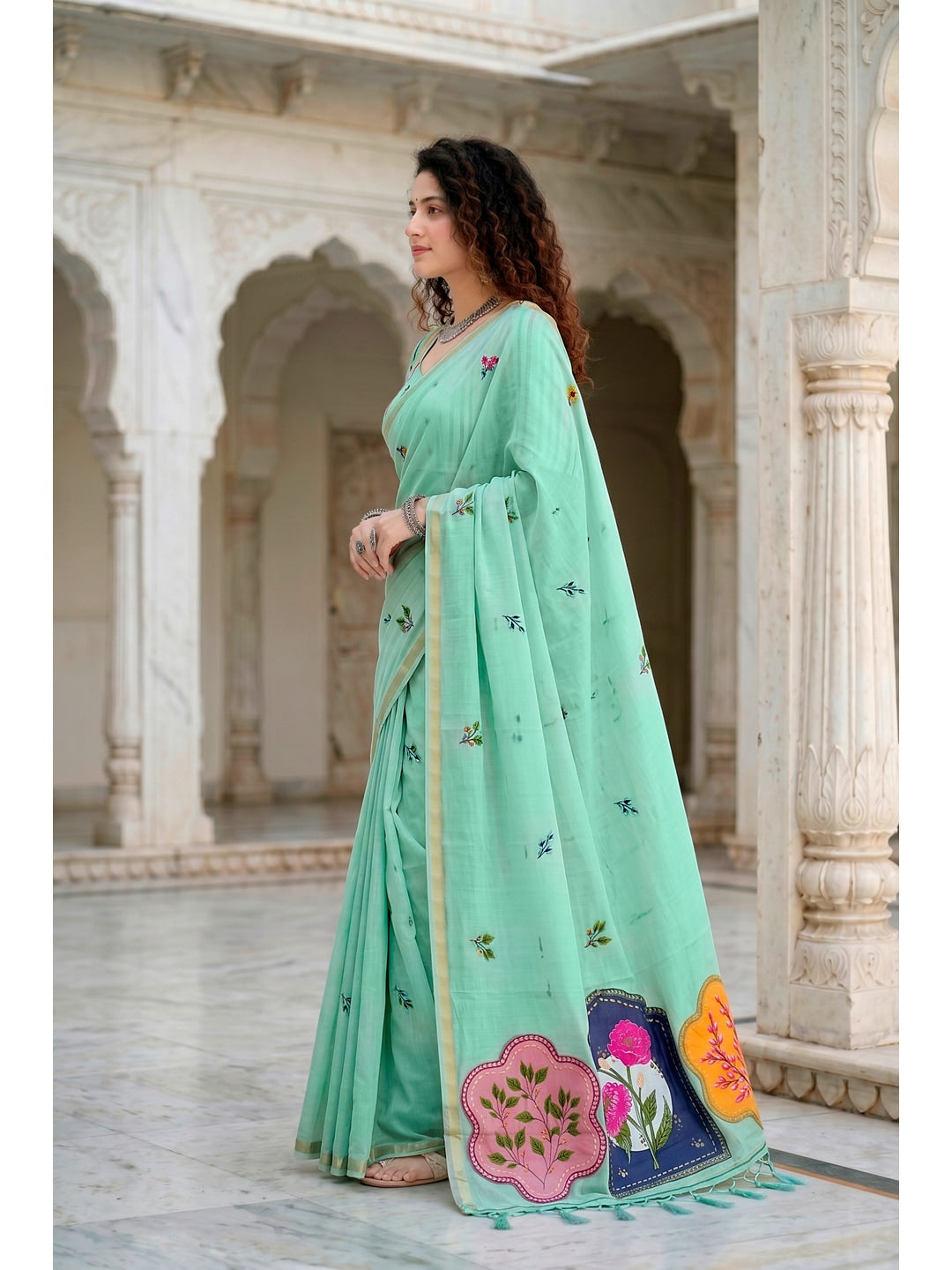 Peachmode Aqua Green Cotton Blend Mridula Saree - Image 3