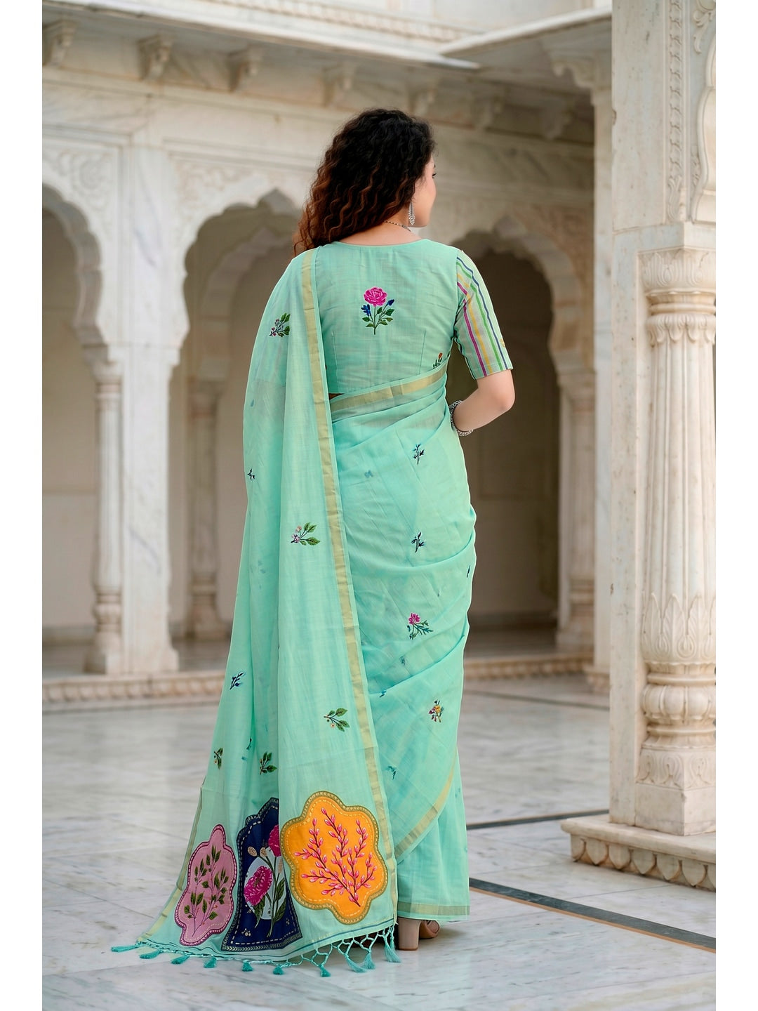 Peachmode Aqua Green Cotton Blend Mridula Saree - Image 4