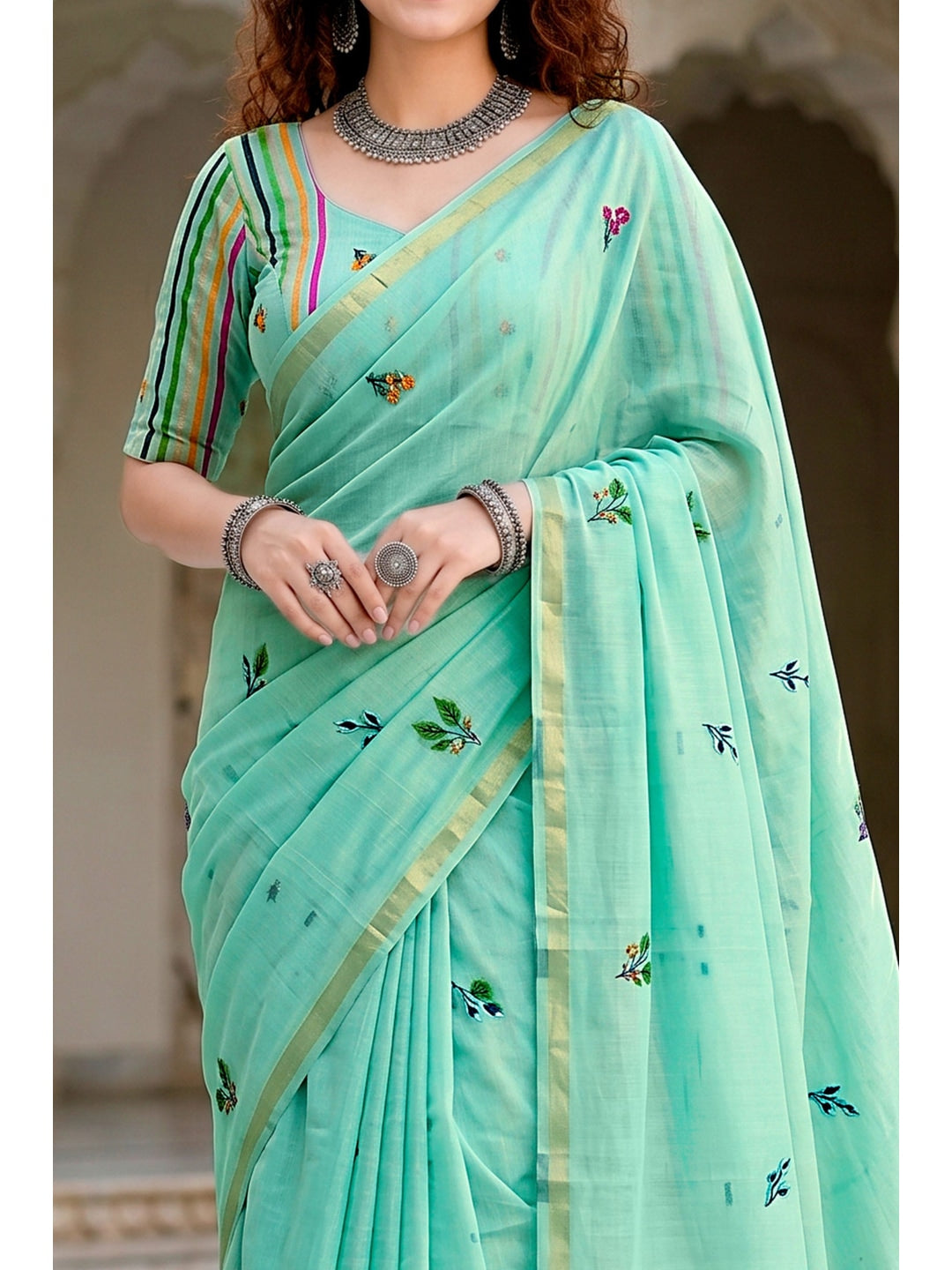 Peachmode Aqua Green Cotton Blend Mridula Saree - Image 5