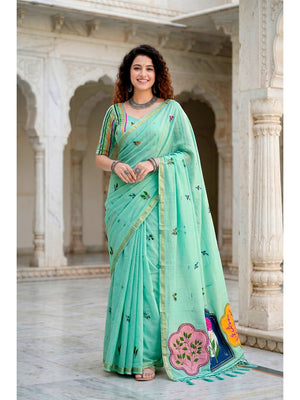 Peachmode Aqua Green Cotton Blend Mridula Saree - Image 1