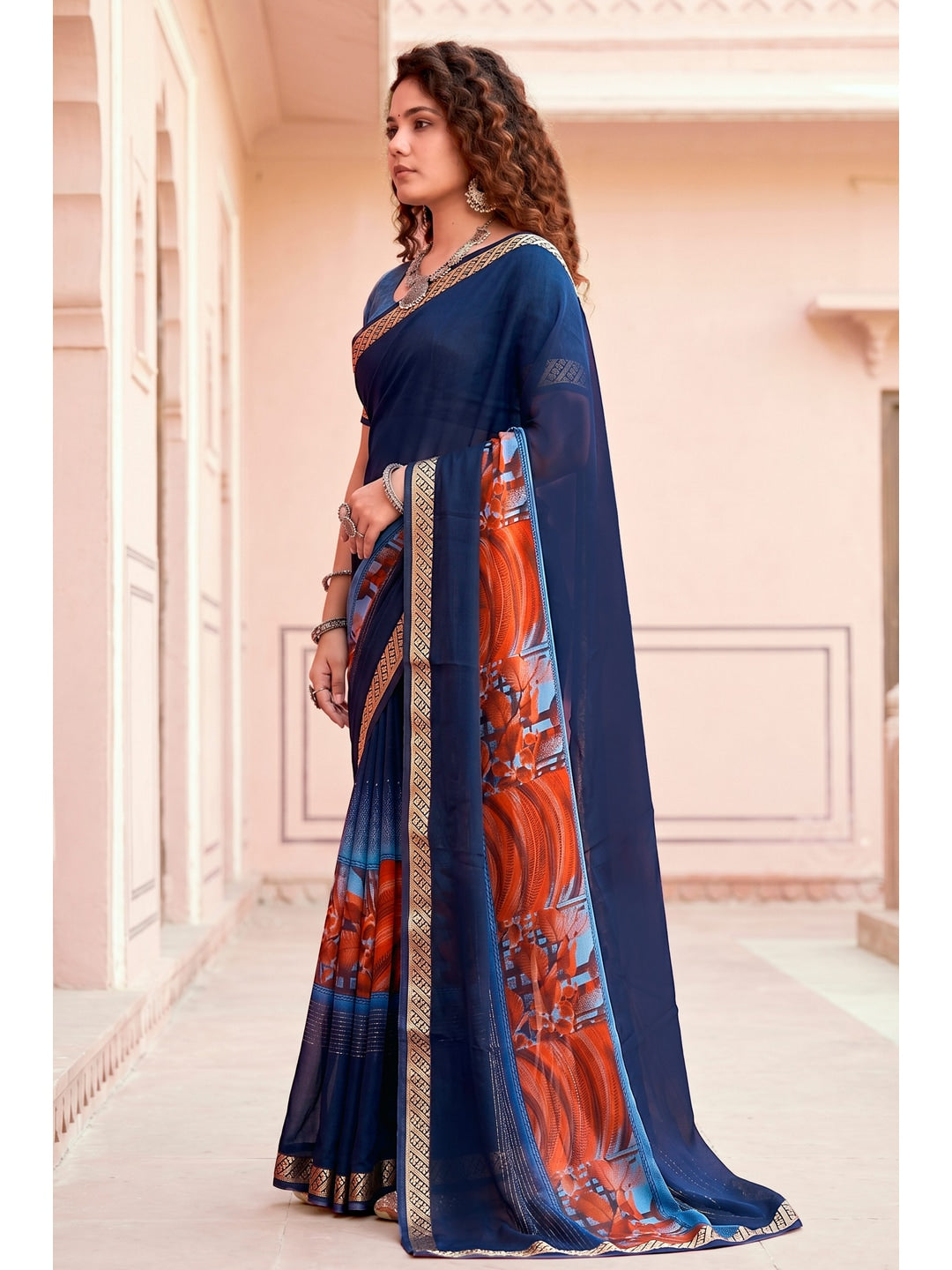 Peachmode Navy Blue Cotton Blend Pankhuri Saree - Image 3