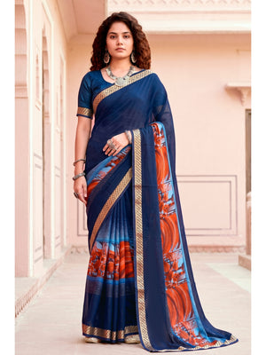 Peachmode Navy Blue Cotton Blend Pankhuri Saree - Image 1