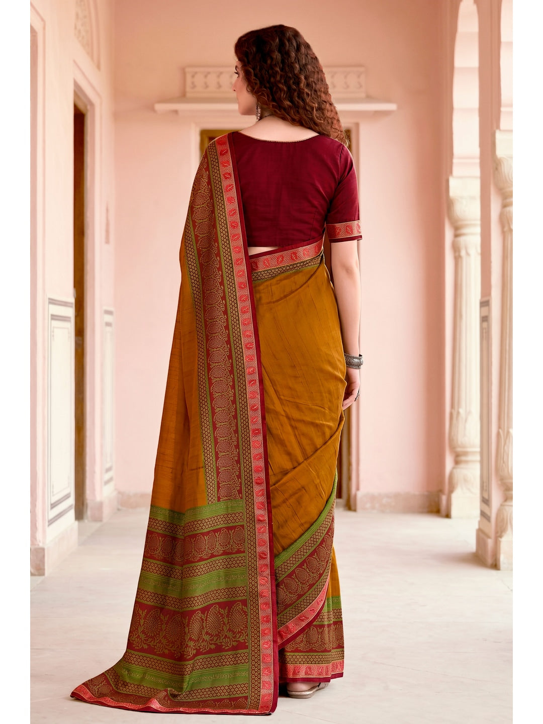 Peachmode Mustard Cotton Blend Pankhuri Saree - Image 4