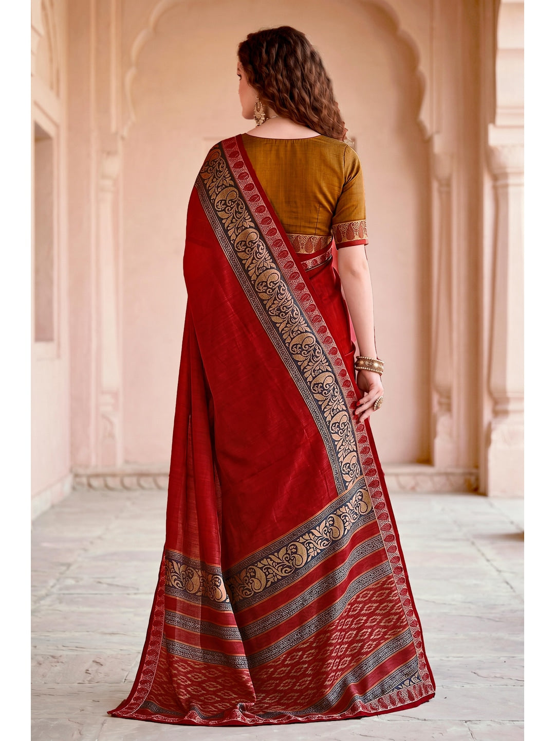 Peachmode Red Cotton Blend Pankhuri Saree - Image 4