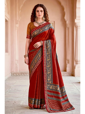 Peachmode Red Cotton Blend Pankhuri Saree - Image 1