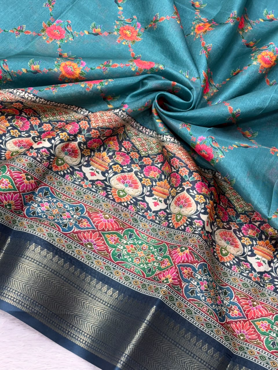 Peachmode Teal Dola Silk Position Digital Print Saree - Image 5