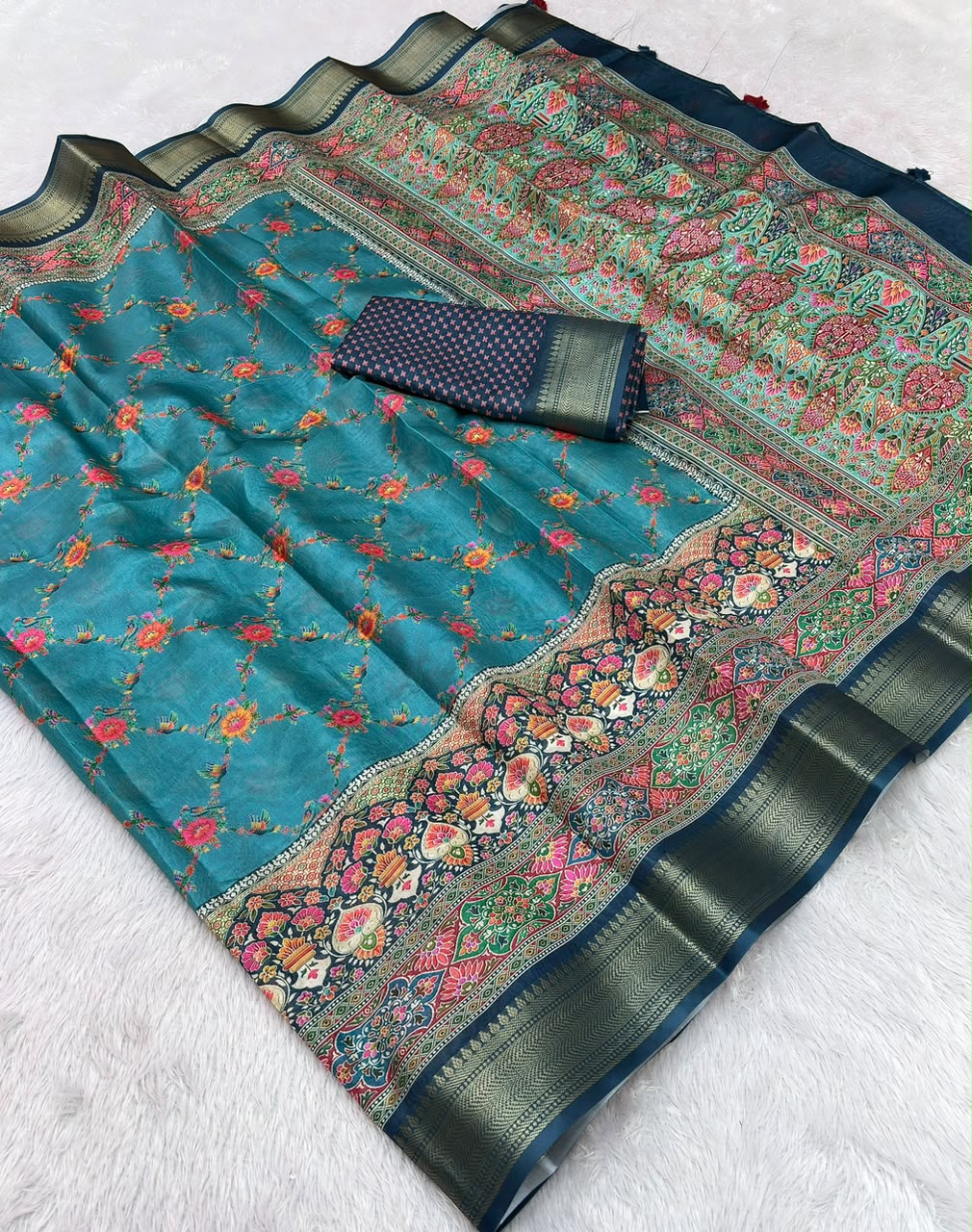 Peachmode Teal Dola Silk Position Digital Print Saree - Image 6
