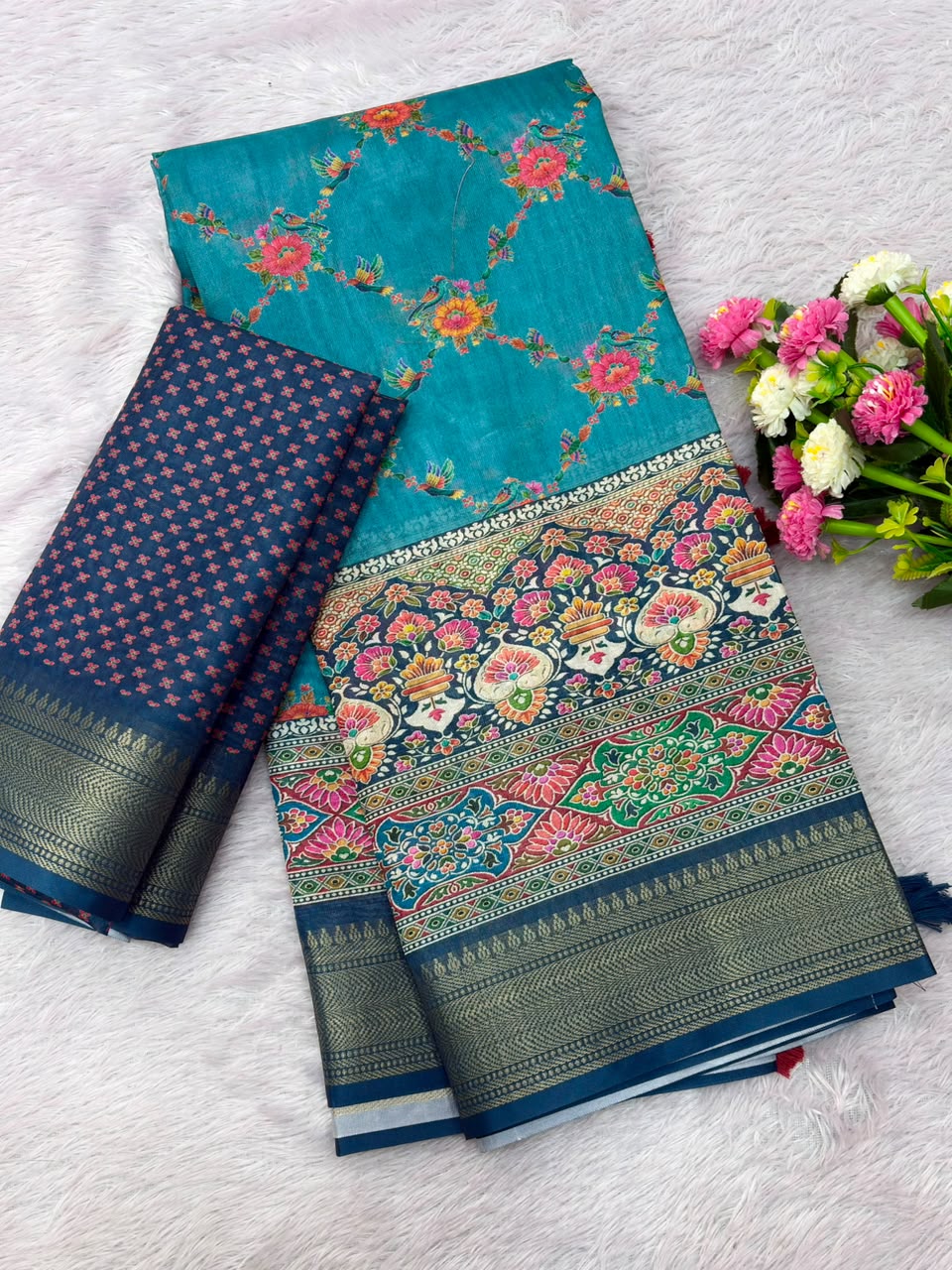 Peachmode Teal Dola Silk Position Digital Print Saree - Image 7