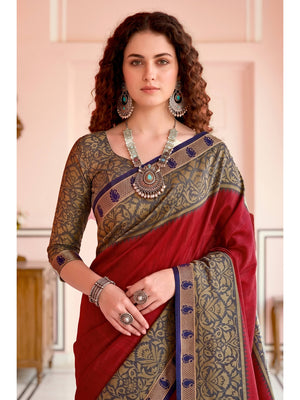 Peachmode Red Cotton Blend Pankhuri Saree - Image 2