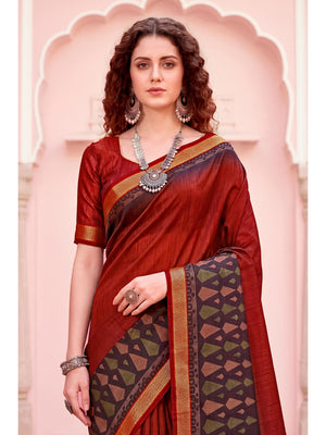 Peachmode Rust Red Cotton Blend Pankhuri Saree - Image 2