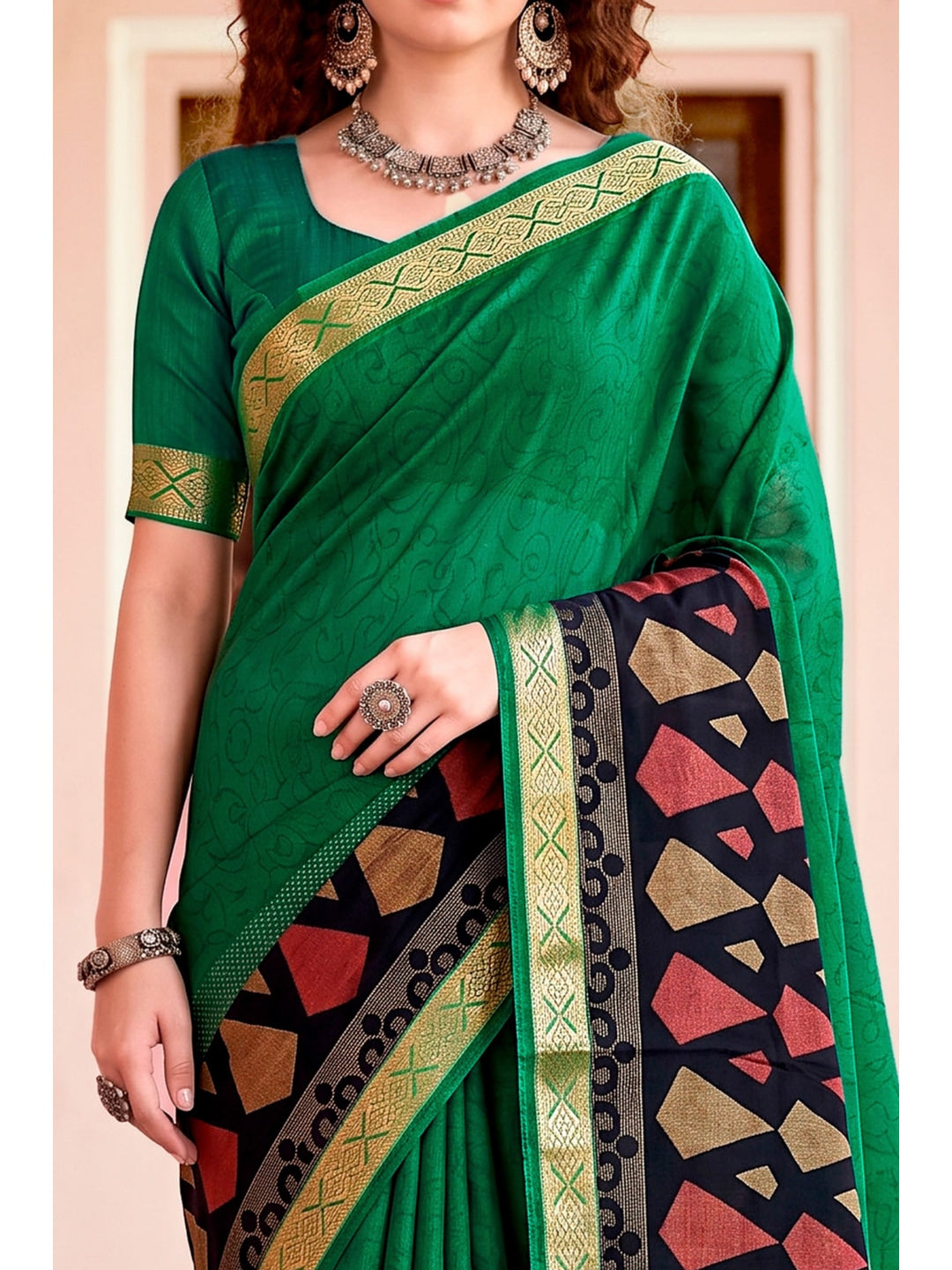 Peachmode Green Cotton Blend Pankhuri Saree - Image 5