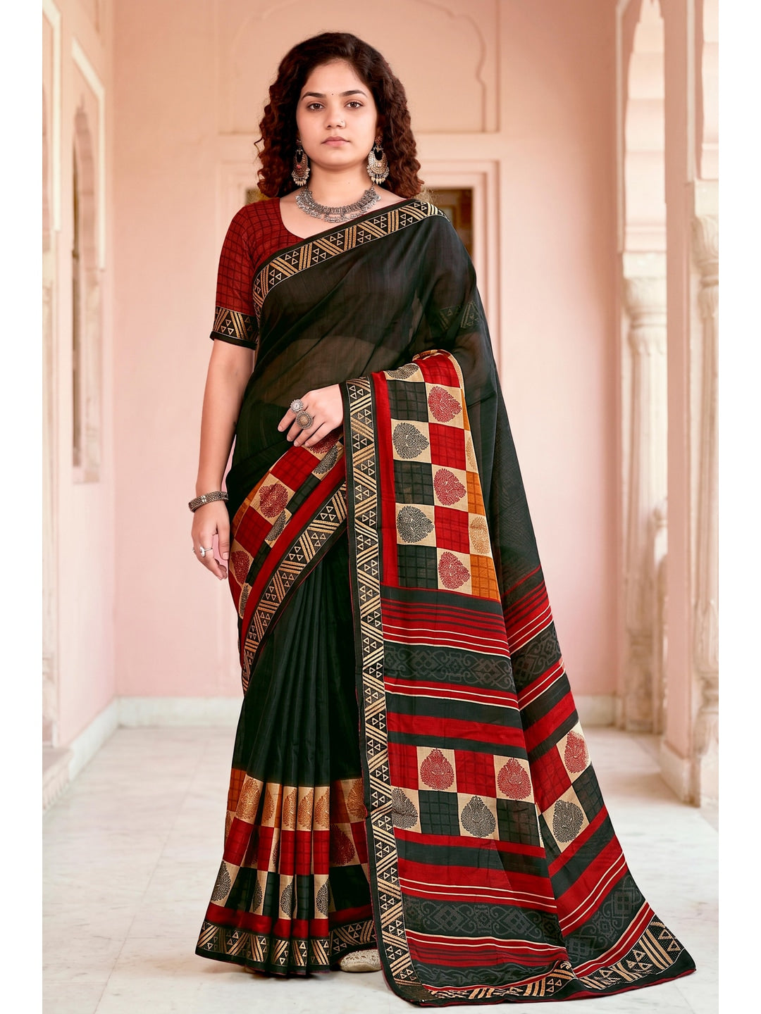 Peachmode Green Cotton Blend Pankhuri Saree - Image 1