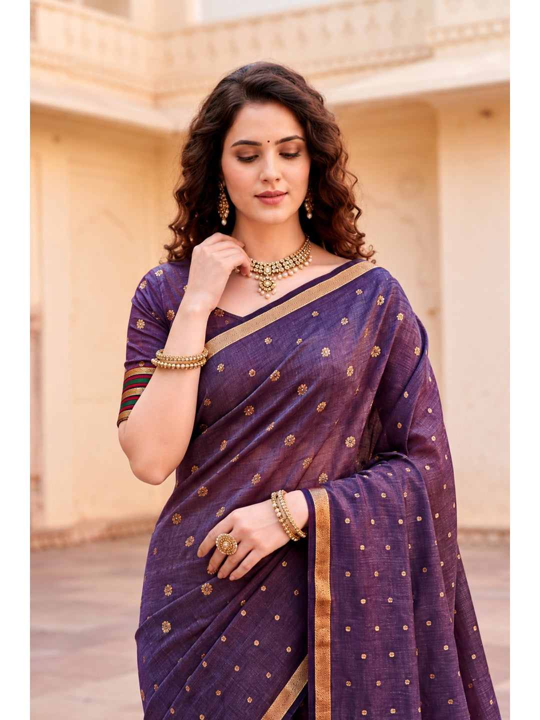 Peachmode Violet Cotton Blend Prachi Cotton Saree - Image 3