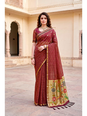 Peachmode Maroon Cotton Blend Prachi Cotton Saree - Image 1