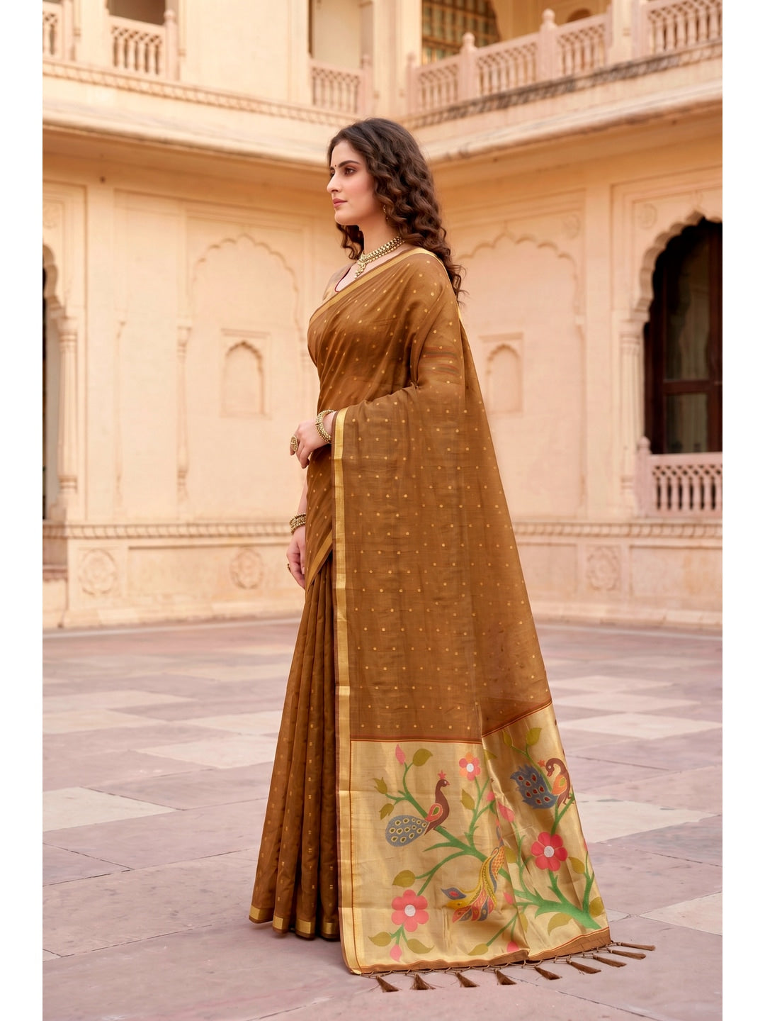 Peachmode Mustard Brown Cotton Blend Prachi Cotton Saree - Image 2