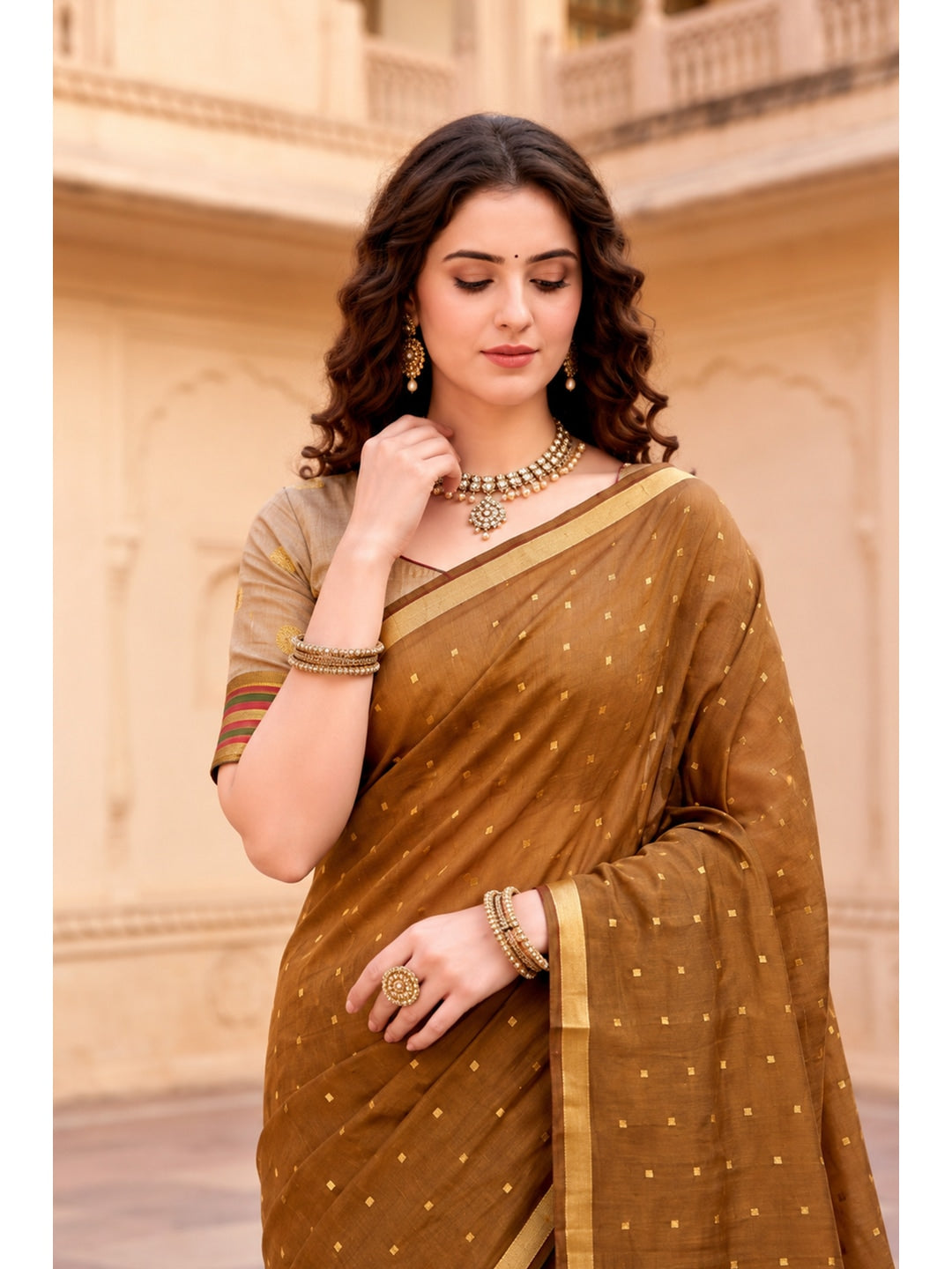 Peachmode Mustard Brown Cotton Blend Prachi Cotton Saree - Image 3