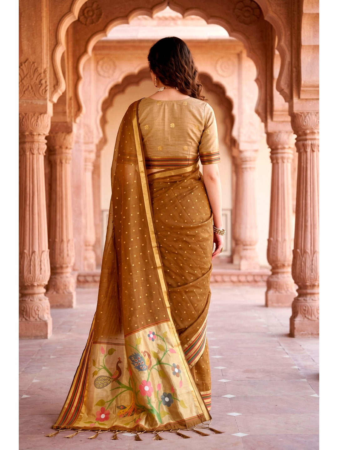 Peachmode Mustard Brown Cotton Blend Prachi Cotton Saree - Image 4