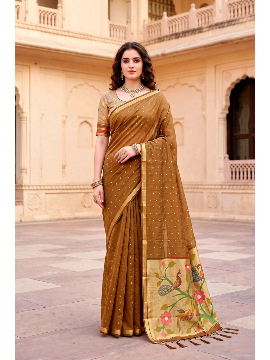 Peachmode Mustard Brown Cotton Blend Prachi Cotton Saree - Image 1