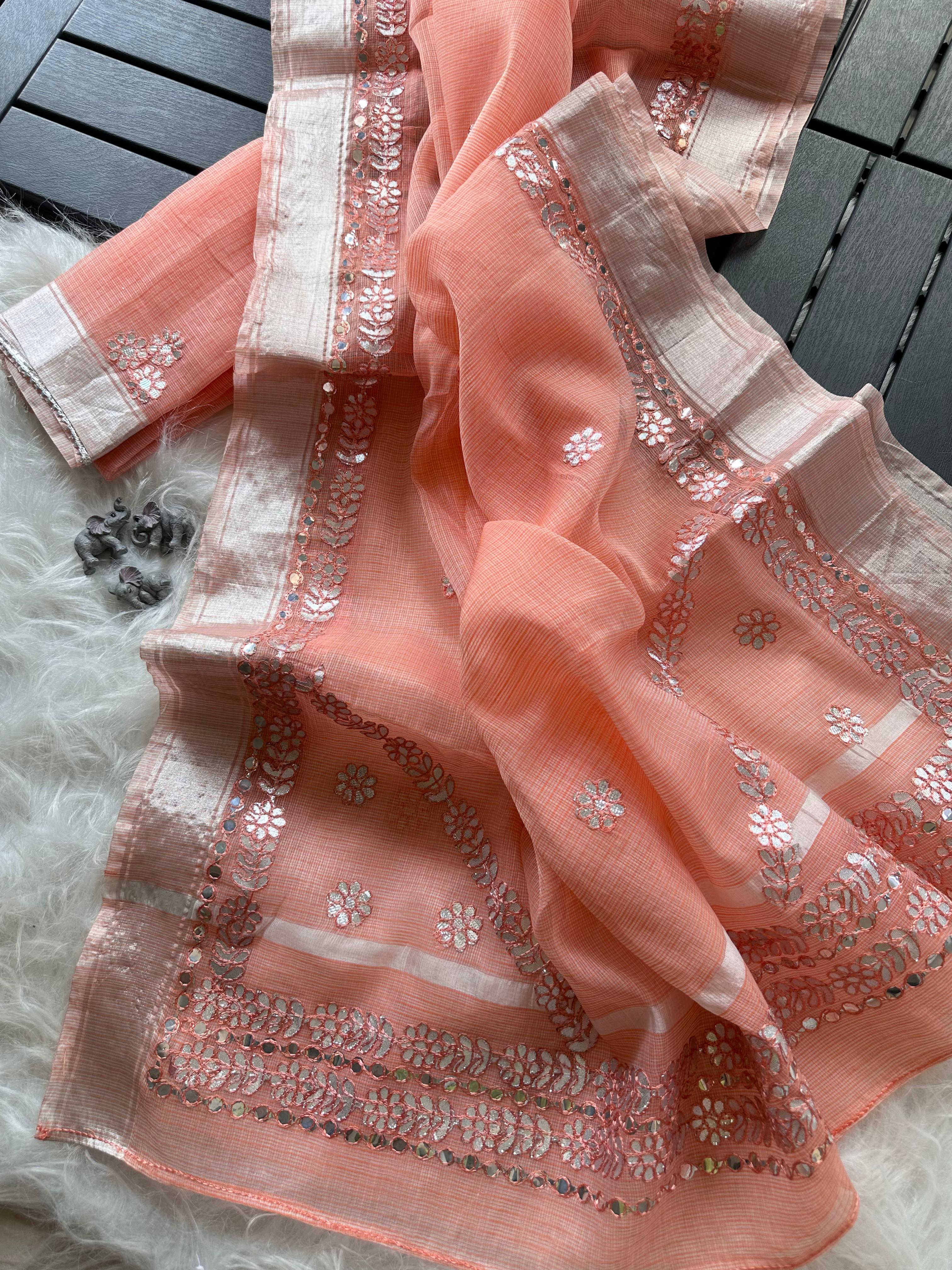 Peachmode Peach Kota Doriya Gota Patti Saree - Image 5