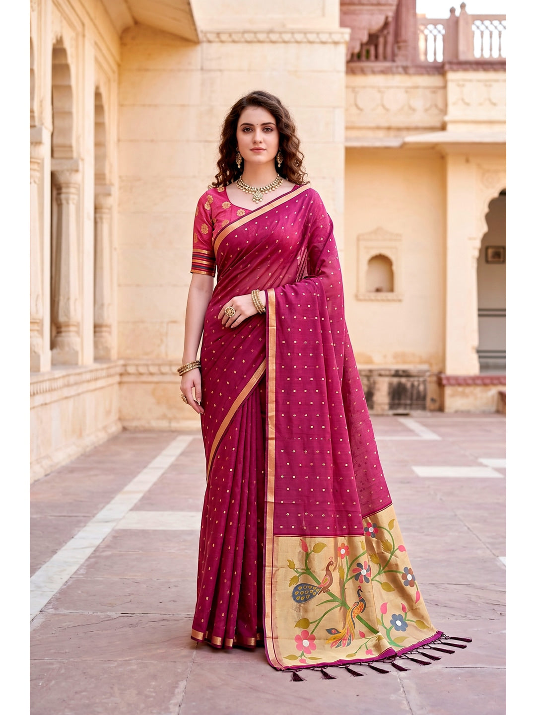Peachmode Pink Cotton Blend Prachi Cotton Saree - Image 1