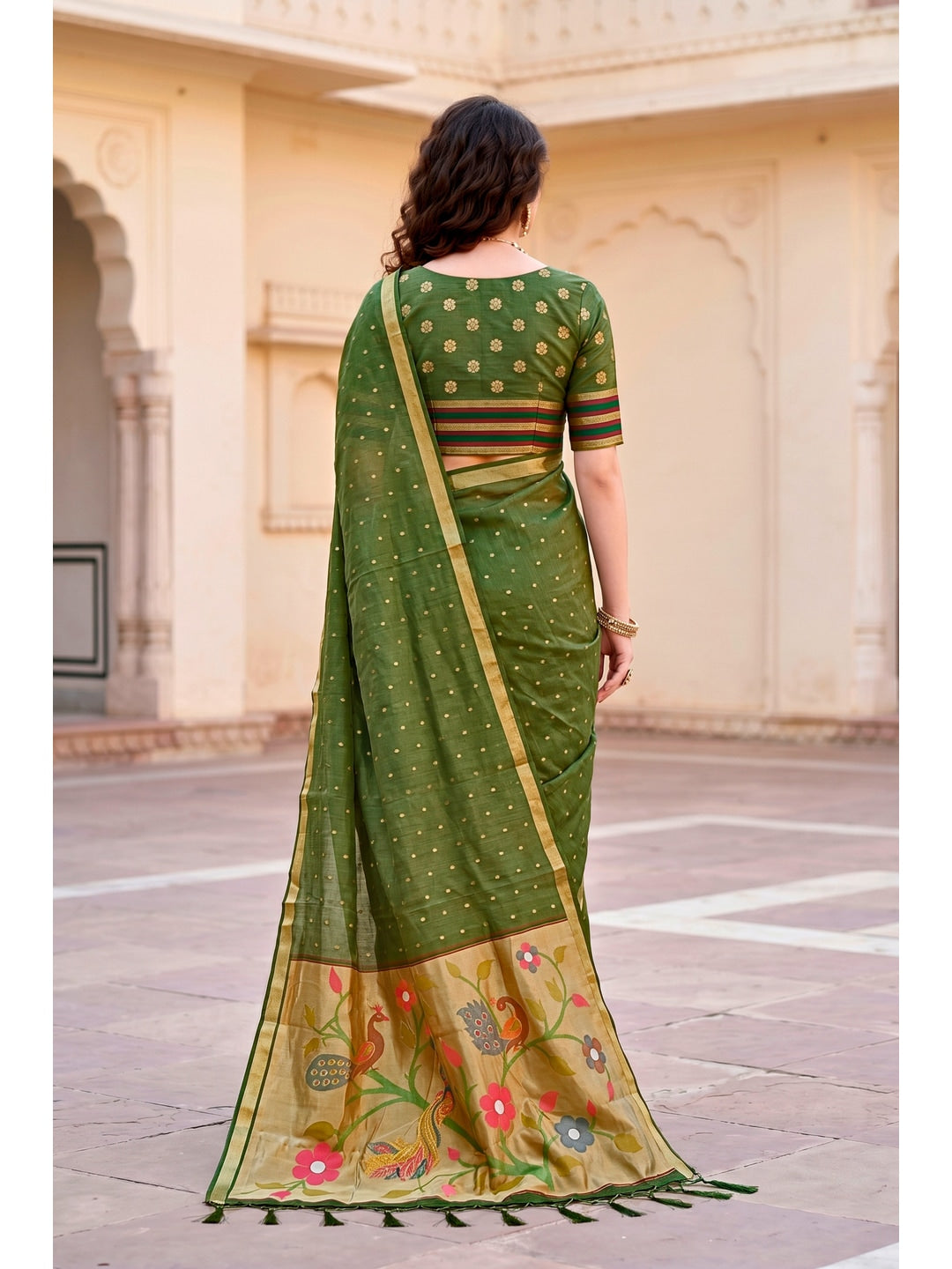 Peachmode Green Cotton Blend Prachi Cotton Saree - Image 4