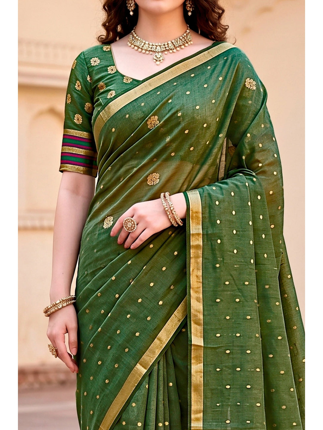 Peachmode Green Cotton Blend Prachi Cotton Saree - Image 5