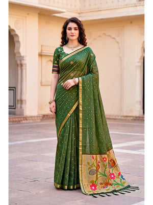 Peachmode Green Cotton Blend Prachi Cotton Saree - Image 1