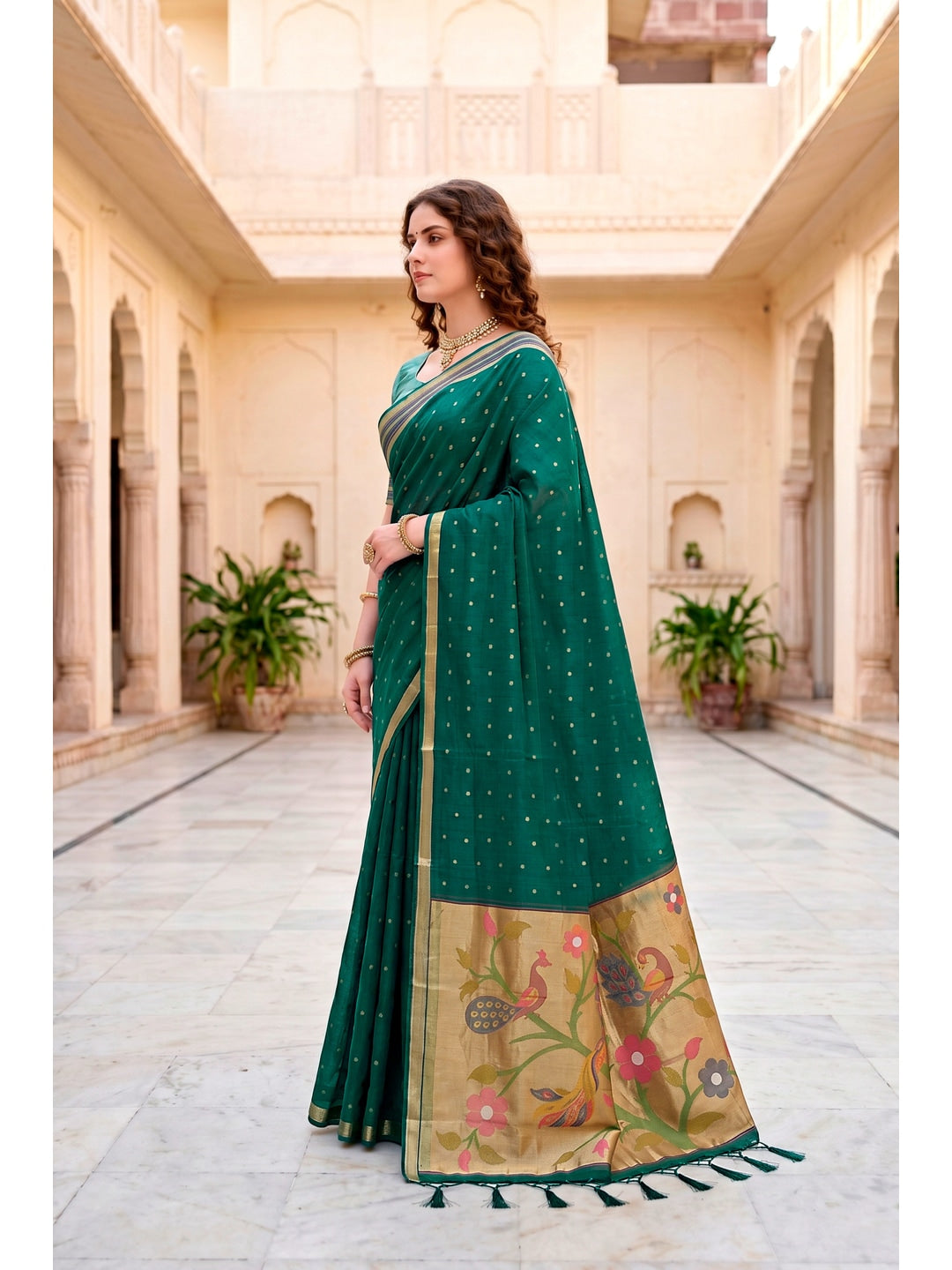 Peachmode Green Cotton Blend Prachi Cotton Saree - Image 2