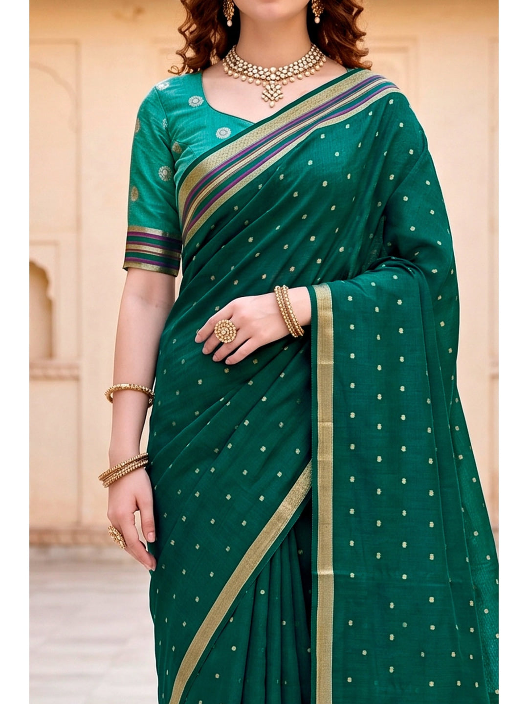 Peachmode Green Cotton Blend Prachi Cotton Saree - Image 5