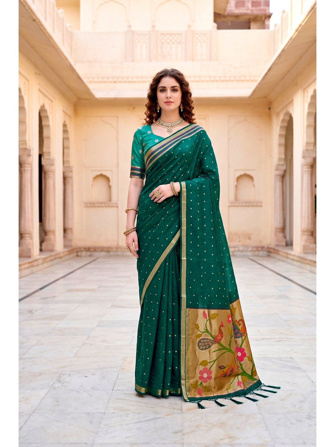 Peachmode Green Cotton Blend Prachi Cotton Saree - Image 1