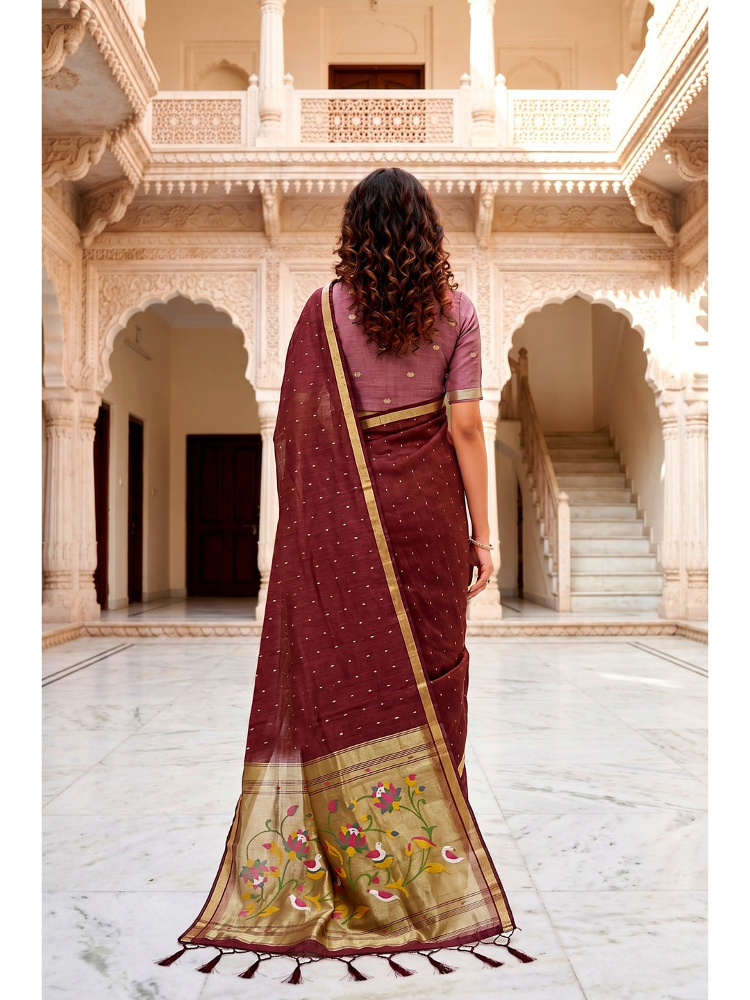 Peachmode Maroon Cotton Blend Prachi Cotton Saree - Image 3
