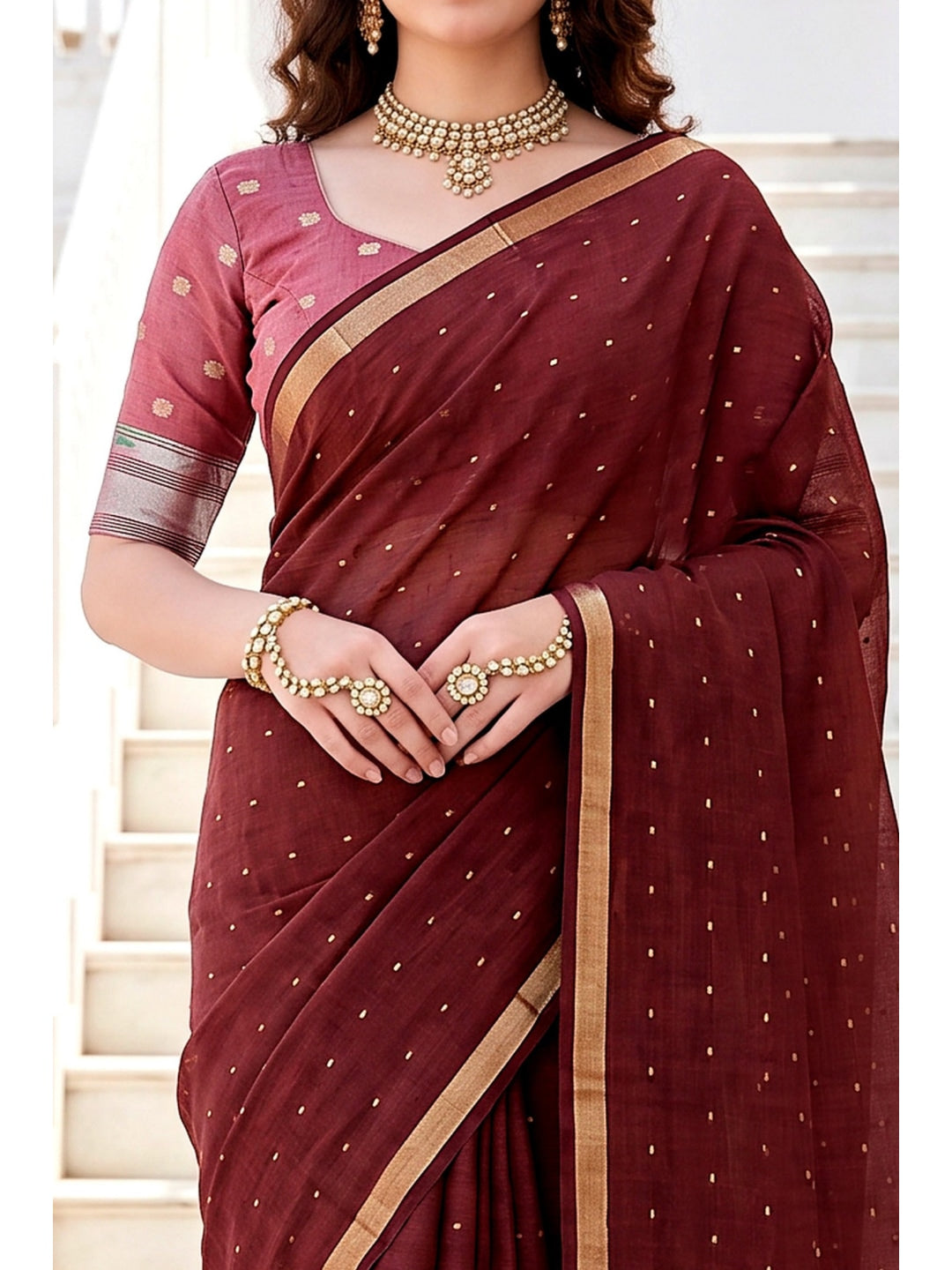 Peachmode Maroon Cotton Blend Prachi Cotton Saree - Image 5