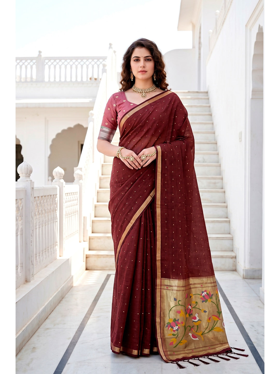 Peachmode Maroon Cotton Blend Prachi Cotton Saree - Image 1