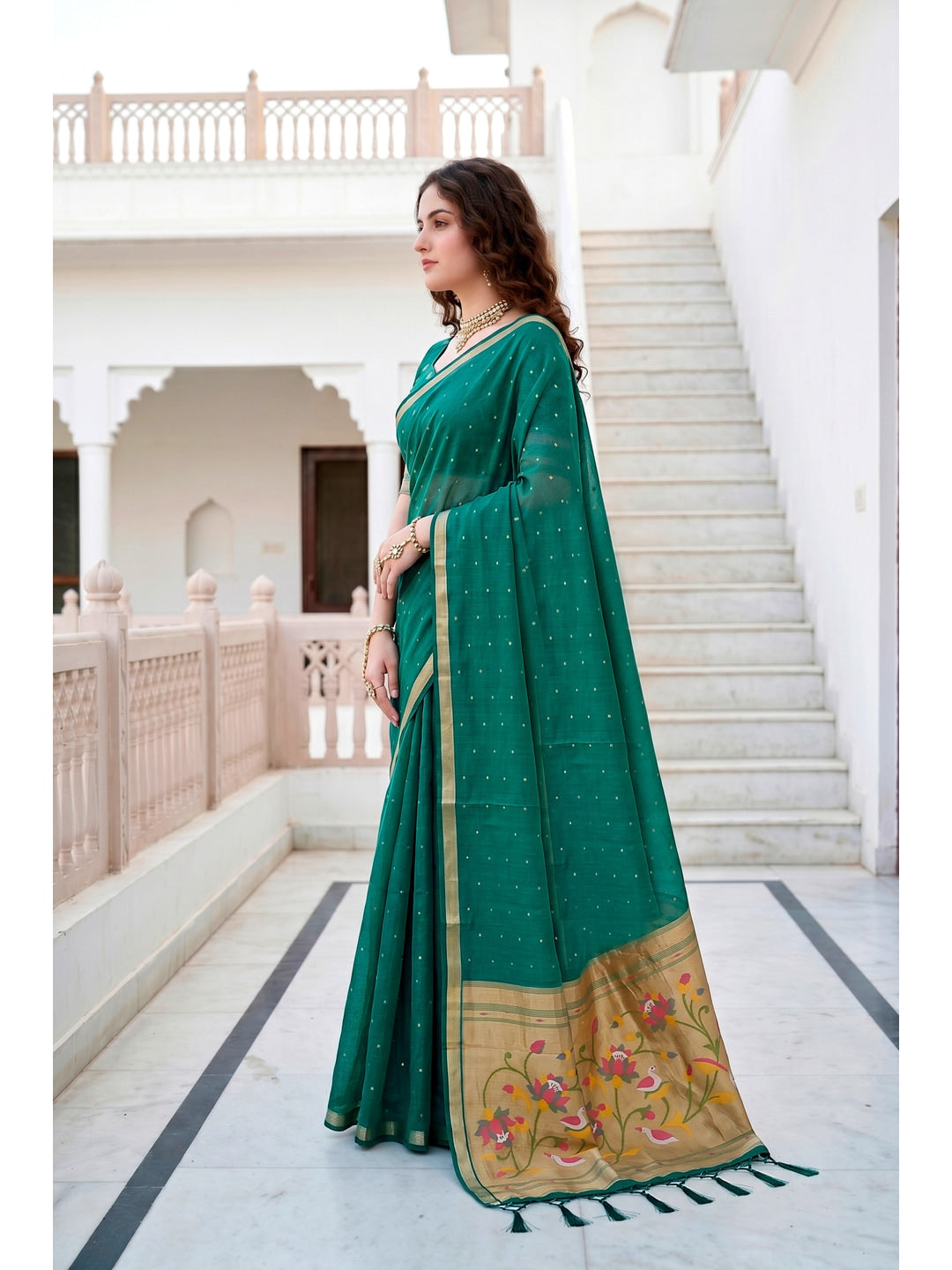 Peachmode Emerald Green Cotton Blend Prachi Cotton Saree - Image 2