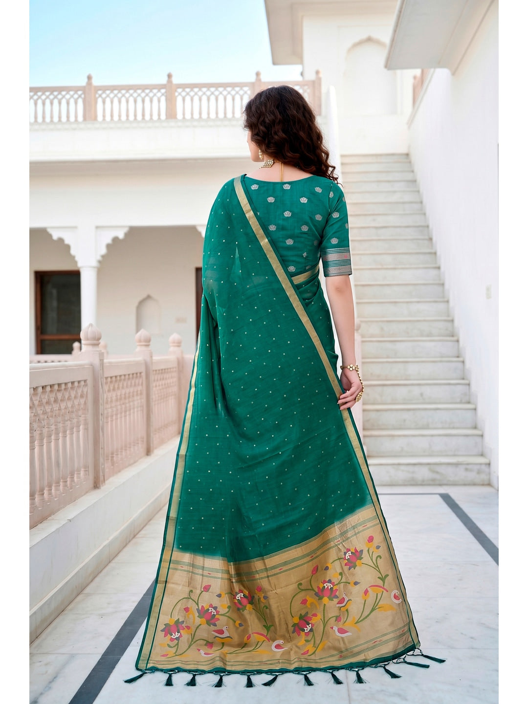 Peachmode Emerald Green Cotton Blend Prachi Cotton Saree - Image 4