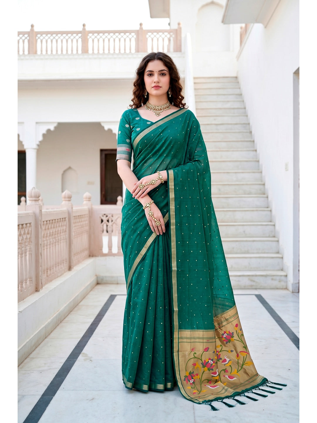 Peachmode Emerald Green Cotton Blend Prachi Cotton Saree - Image 1