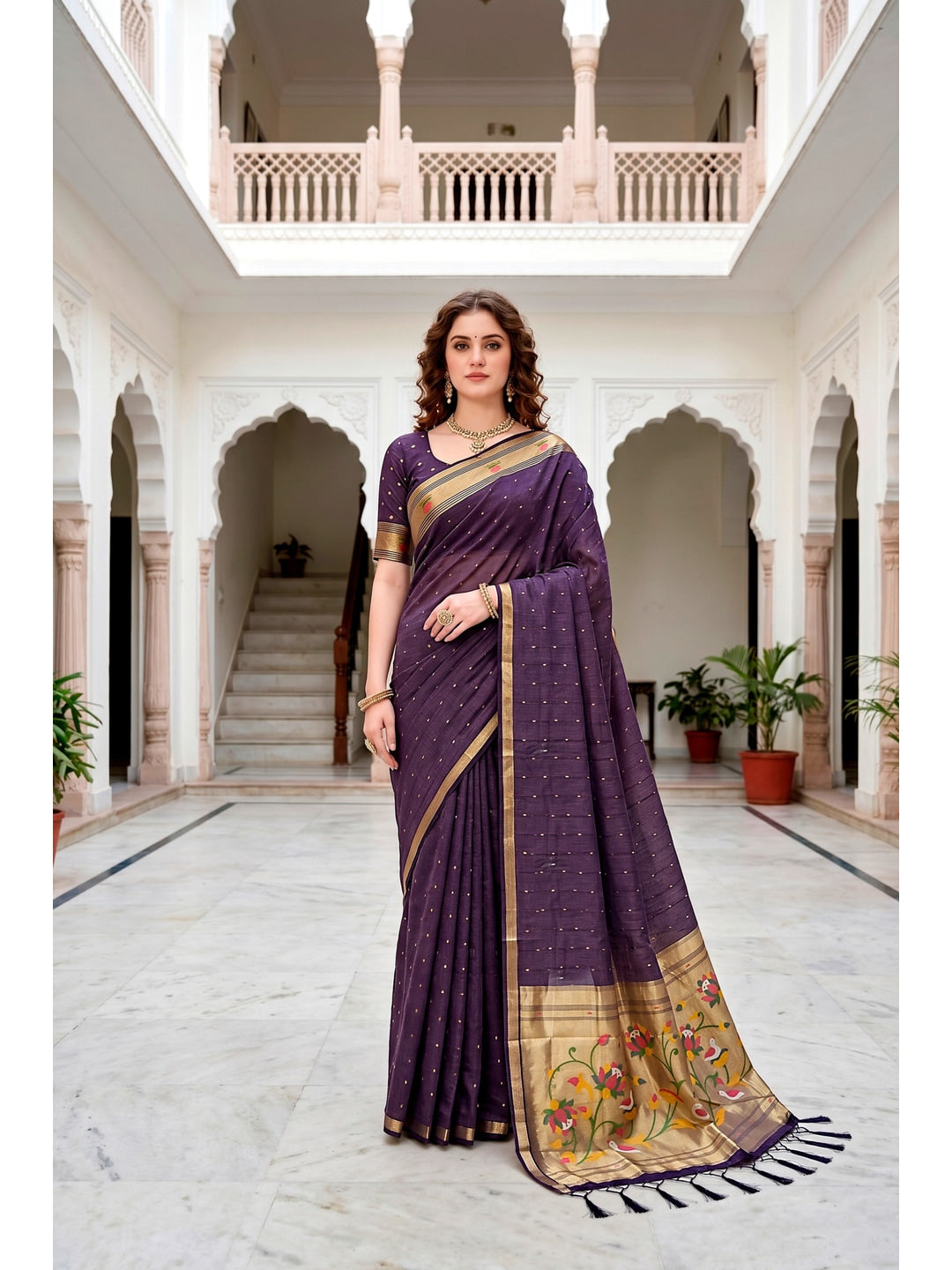 Peachmode Violet Cotton Blend Prachi Cotton Saree - Image 1