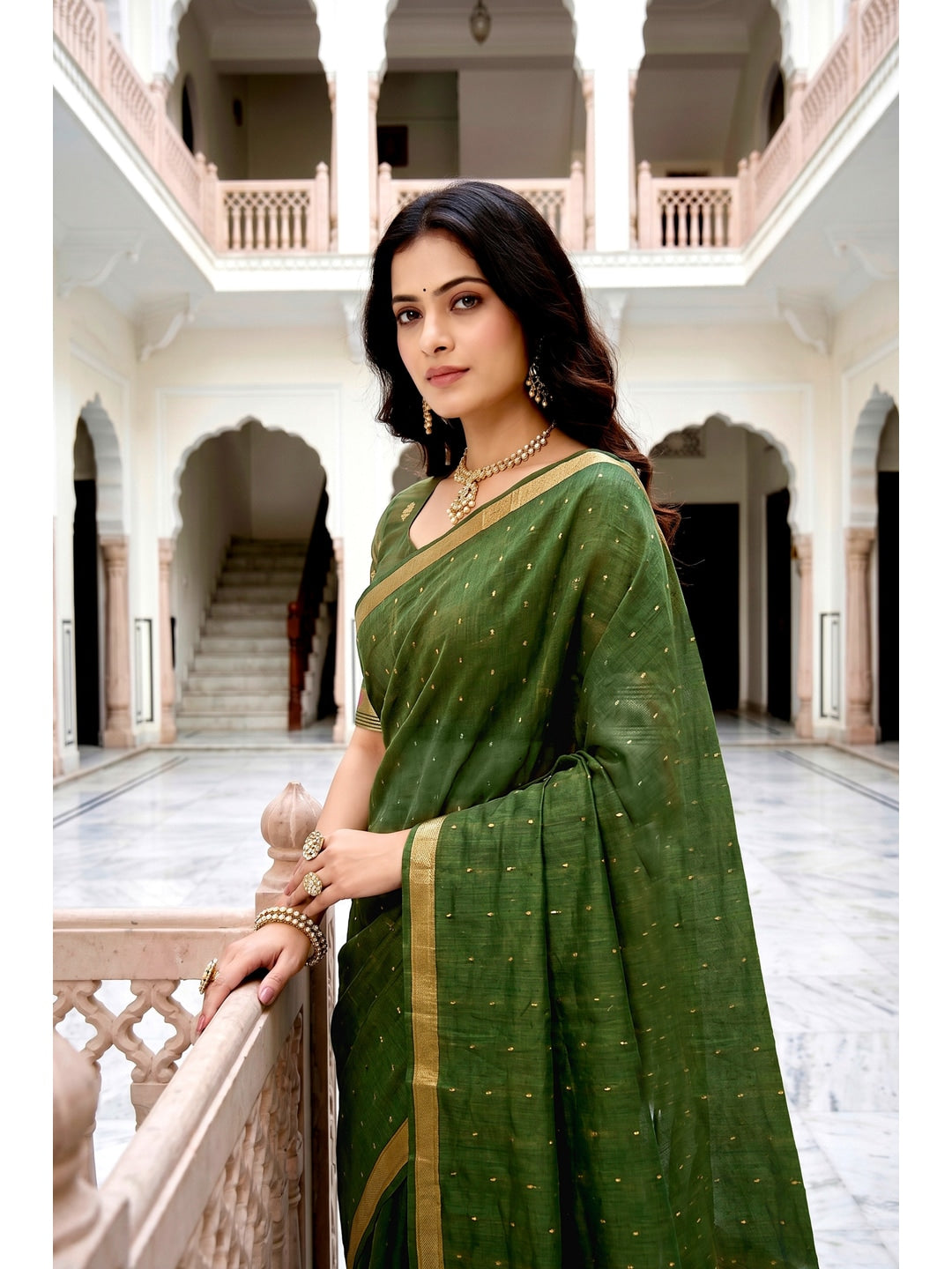 Peachmode Green Cotton Blend Prachi Cotton Saree - Image 3