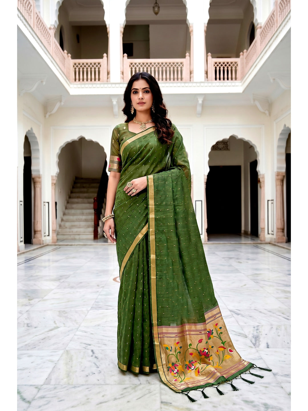 Peachmode Green Cotton Blend Prachi Cotton Saree - Image 1